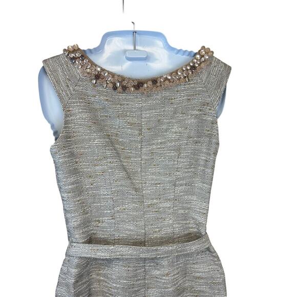 ETCETERA Beige Gold Sleeveless Tweed Sheath Dress Beaded Collar Belted Women's 2 - Picture 7 of 9